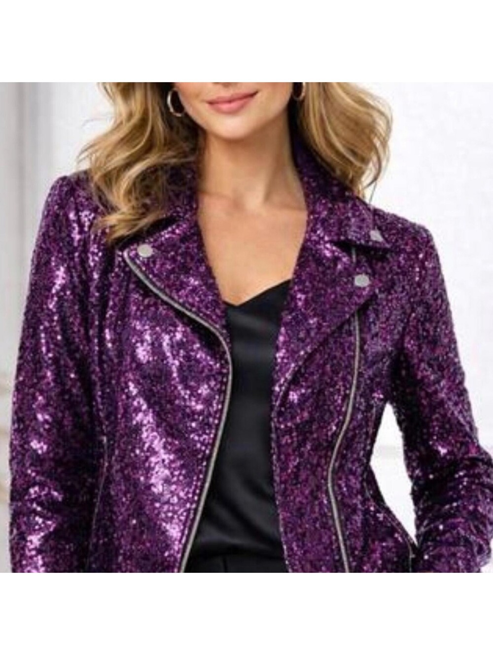 Colleen Lopez Women's Luxe Sequin Purple Moto Jacket - Size Medium